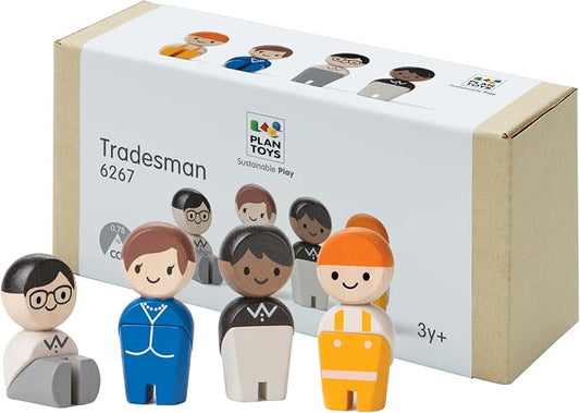 PlanToys® Wooden Dollhouse Tradesman Figure Set | 4 Poseable 1:12 Scale Dollhouse People | Montessori Career and Role Play Figurines | Eco Friendly Sustainable Wooden Toy