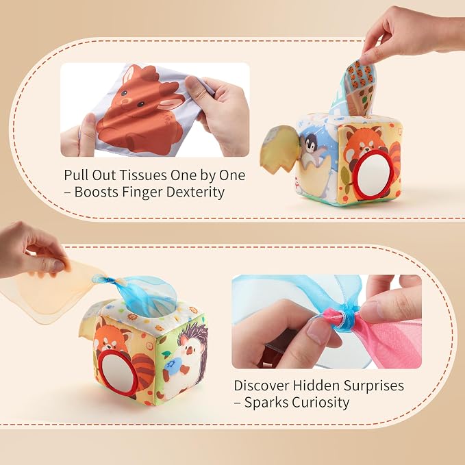 Baby Tissue Box Toy for Babies 6-12 Months - Montessori Sensory Toy | 12 Soft Scarves & 3 Crinkle Tissues | CPC Certified BPA-Free | 6-Sided Cube | Boosts Fine Motor Skills | Travel & Baby Gift
