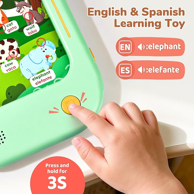 JoyCat Bilingual Kids Learning Tablet, 106 Pages Spanish & English Talking Cards with 20 Interactive Games, Montessori Toy for Alphabet, Words, Numbers, Colors & Songs, Learning Gifts for Toddler 2-6