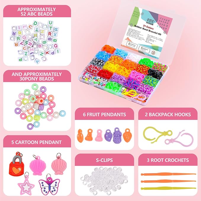 XKDOUS Rubber Band Bracelet Kit, Loom Bracelet Making Kit for Art and Craft, Rubberband Bracelets kit for Kids Ages 6+ 21 Colors 2000+