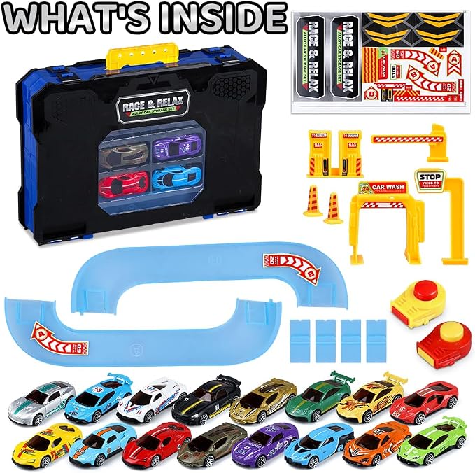 Drefirsa 32 in 1 Race Car Track Set, Toy Cars for Boys Age 3-5 4-7 | 16pcs Diecast Alloy Vehicle,1:64 Scale, 2 Launchers, Race Track, Portable Storage Case for Travel, Gift for 3 4 5 6 Year Boy