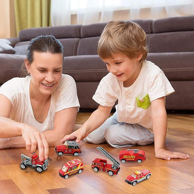 BenRich 6Pcs Mini Die Cast Car 1/64 Scale Alloy Fire Truck Vehicle Metal Model Toy Set, Ladder, Water Tower Truck, Ambulance, Transport, Patrol Car, Model Toys for Kid Boys Girls Birthday Xmas Present