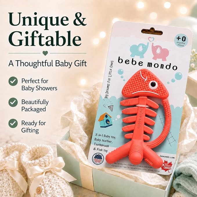 3 in 1 Infant Toys, Baby Teething Toys 3–6 6–12 Months, Teethers for Babies 0–3–6–12 Months for Teething Relief, Baby Gift, Baby Teether Toys, Silicone Sensory Toys, USA Patent Pending, Fish (Coral)