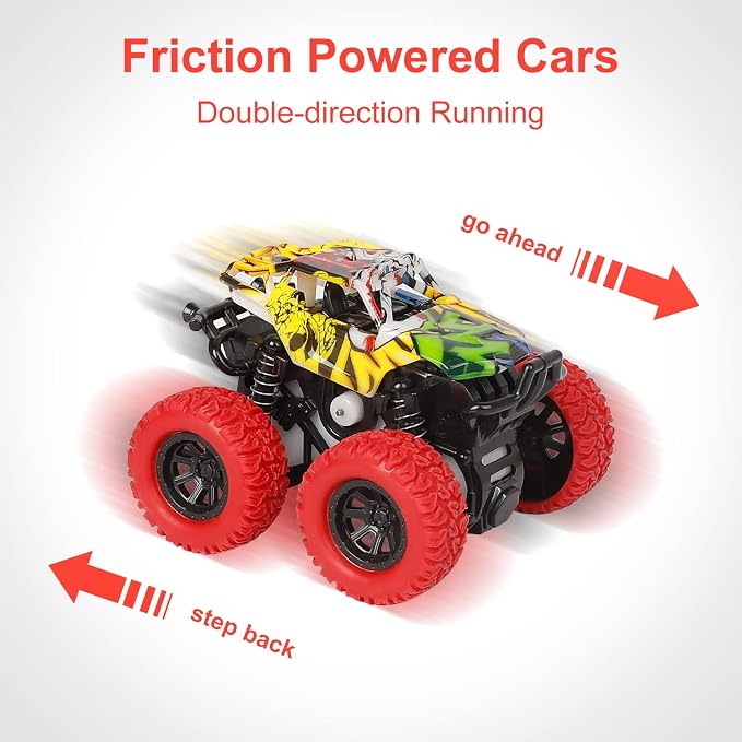 M SANMERSEN Monster Truck Toys for Kids, Friction Cars for Toddlers Push and Go 360° Rotating Stunt Car for 3+ Year Old Boys Girls Gifts (2 Pack - Red and Yellow)