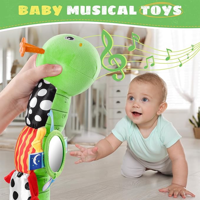 AWOTOY Baby Toys Sensory Music Caterpillar Stuffed Animal Infant Toys,Green | Teething Toys 0-3-6-12 Months Tummy Time with Mirror Crinkle Rattle&Pull String for Newborn Boys Girls Shower Gifts Birthday