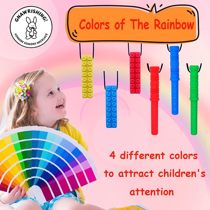 Chew Necklace by GNAWRISHING 6-Pieces Perfect for Autistic, ADHD, SPD, Oral Motor Children, Kids, Boys, and Girls (Tough, Long-Lasting)