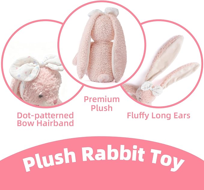 Bunny Stuffed Animal Soft Rabbit Cuddly Toy 10'' Long - Eared Plush Bunny with White Bow Headband Plush Toys for Babies and Toddlers