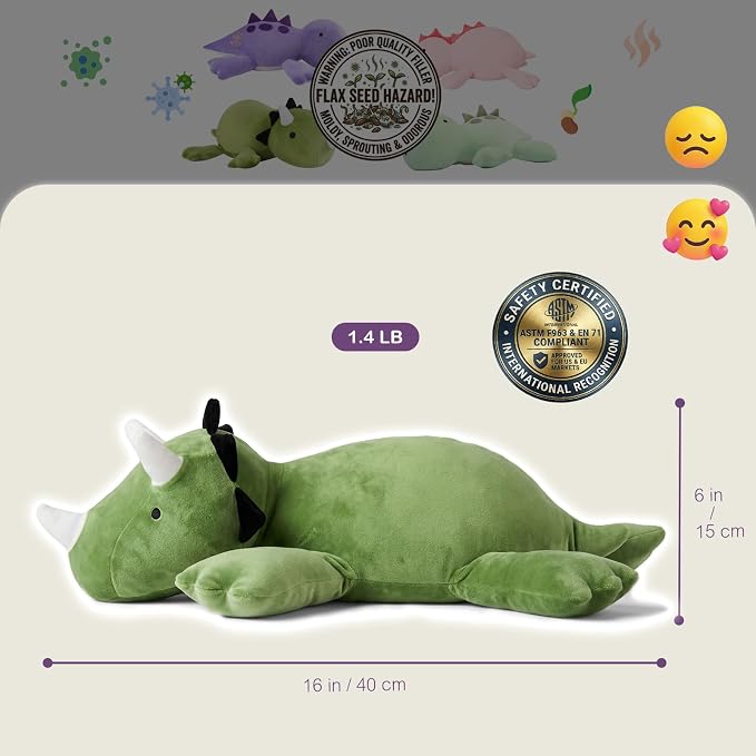 KOWSI® Microwavable Heating Pad Green Triceratops Plush - 1.4 Lb Weighted Stuffed Animal Toy with Tourmaline Beads & Lavender - 16" Squished Long Dinosaur Pillow - Lumbar Back Cushion Lasting Warmth