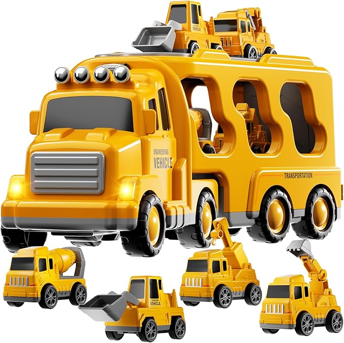 Construction Trucks Toys for 3 4 5 Years Old Boys - 5-in-1 Carrier Transport Vehicle Truck for Toddlers 3-4 Years with Crane, Mixer, Pushdozer and Excavator, Car Toys Birthdays Gift