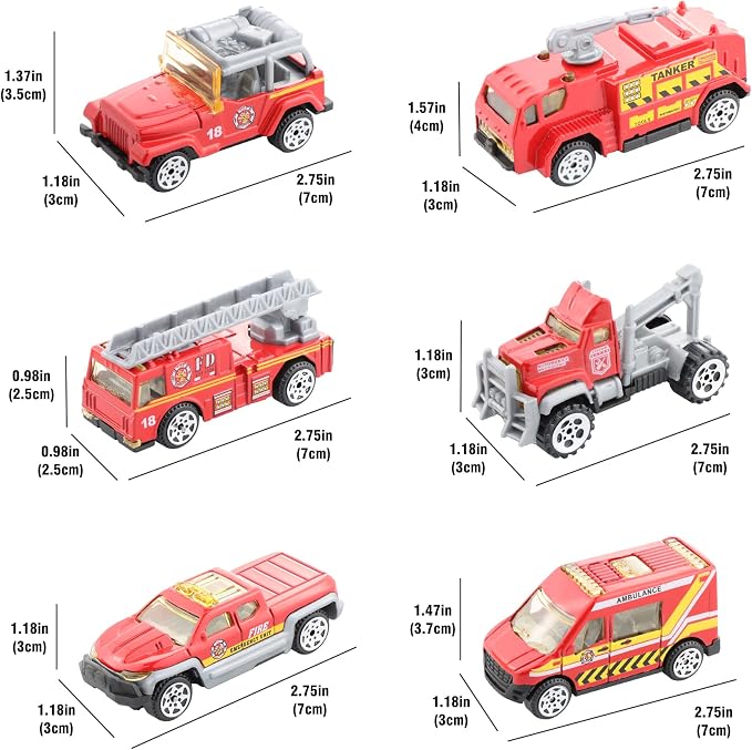 BenRich 6Pcs Mini Die Cast Car 1/64 Scale Alloy Fire Truck Vehicle Metal Model Toy Set, Ladder, Water Tower Truck, Ambulance, Transport, Patrol Car, Model Toys for Kid Boys Girls Birthday Xmas Present