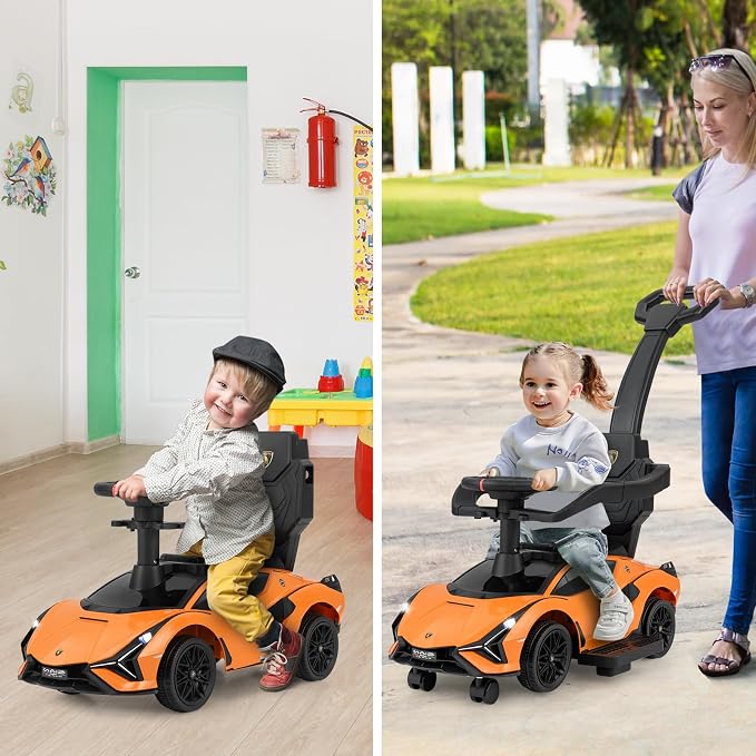 INFANS 3 in 1 Ride on Push Car, Licensed Lamborghini Baby Stroller Sliding Walking Car with Parent Control Handle, Music, USB, Headlight, Under Seat Storage, Foot-to-Floor Toy 18-60 Months (Orange)