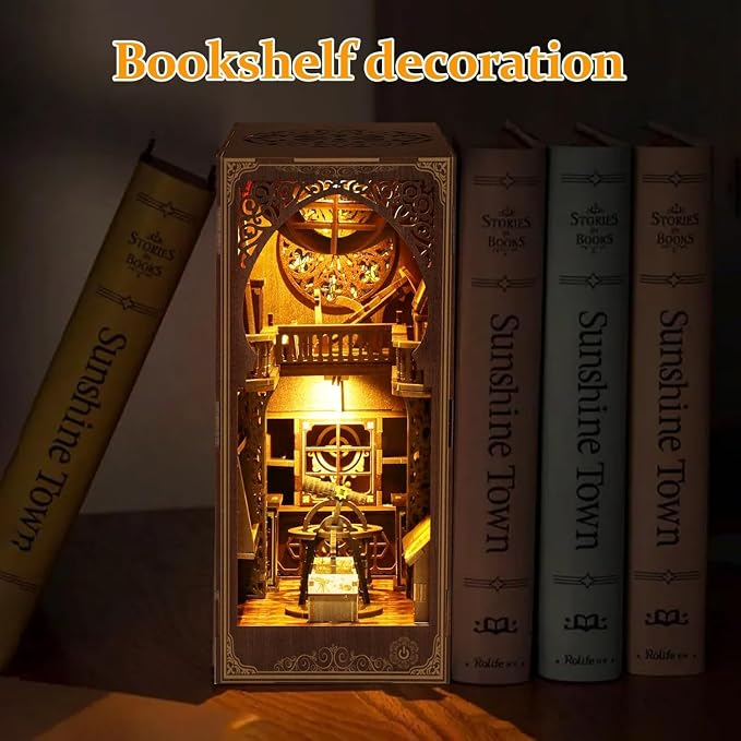 Book Nook Kit for Adult - Miniature Model Build Dollhouse Kit 3D Wooden Puzzle with Sensor Led Light for Bookshelf Bookend Insert Decor Adults Teen Crafts(Astronomy Museum)