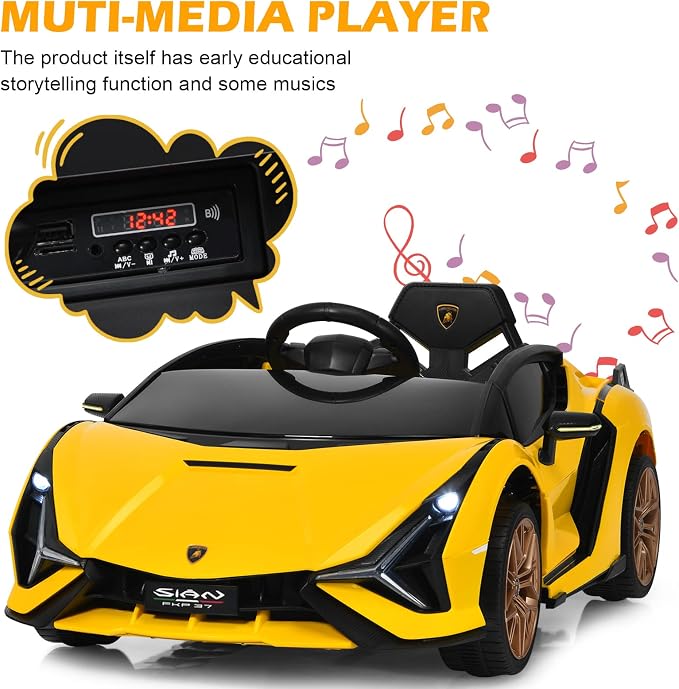 INFANS 12V Licensed Lamborghini Sian Kids Ride On Car with Parent Remote Control, Spring Suspension, MP3 Player, Electric Toy Roadster Carbon Fiber Textured for Toddler (Yellow)