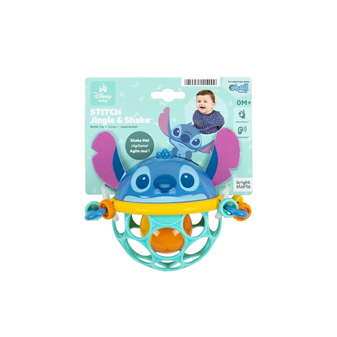 Disney Baby Stitch Oball Rattle by Bright Starts, Easy Grasp Baby Toy with Jingle Ball, Sensory Rattle for Newborn Infant 0-6 Months, Baby Toys 3-6 Months