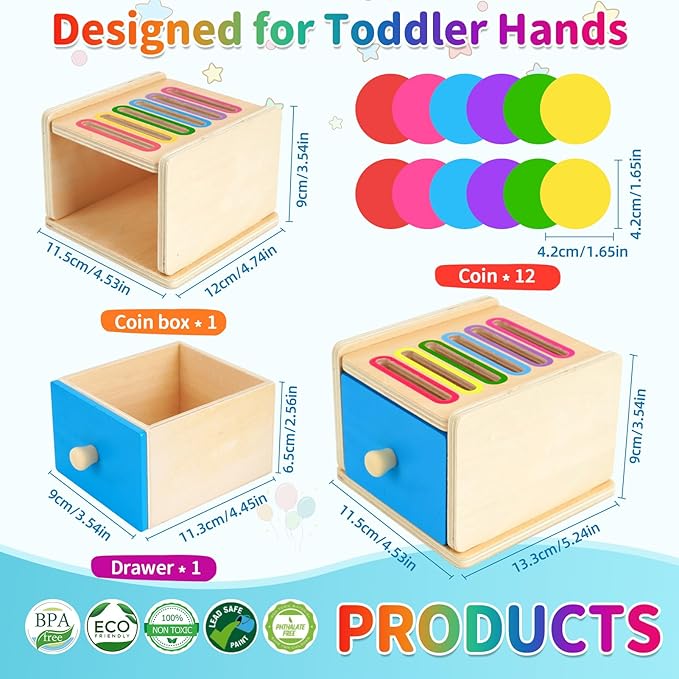 FCSONU Toddlers Montessori Coin Box Toys for 1 2 3 Year Old Boys Girls, Drawer Box Toy for Ages 2-4 Kids, Learning Color Sorting Sensory Toys, Easter Birthday Gifts for Baby 12-18 Months