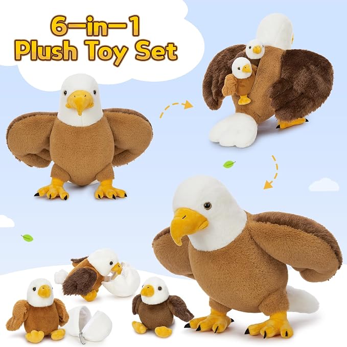 6 Piece Bald Eagle Plush Toy Set, 16 Inch Mother Eagle Stuffed Animal with 3 Baby Eagles and 2 Eggs, Soft Eagle Plush Family for Kids Boys Girls, Birthday for Bird Lovers