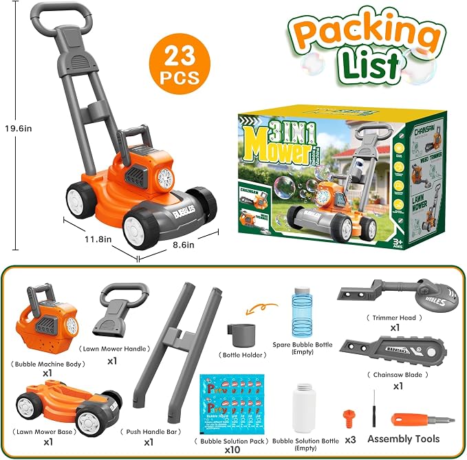 Bubble Lawn Mower for Kids, 3-in-1 Bubble Machine Blower with 10 Bubble Solution, Outdoor Push Toys for Toddlers Ages 3-8, Birthday Easter Summer Gift for Boys Girls 3 4 5 6 7 8 Year Old