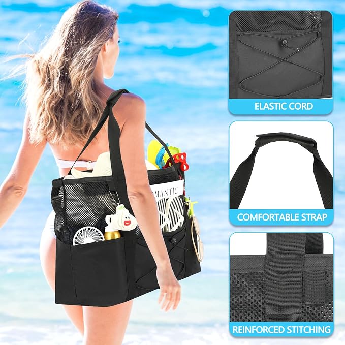 Fammart Mesh Beach Bag for Women, Large Beach Toy Pool Bag with Zipper Pocket, SandProof Cruise Essentials 2026 Family Travel