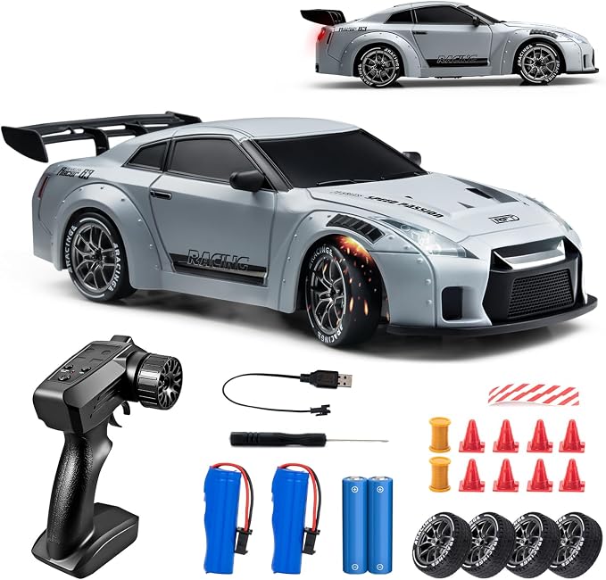 RC Drift Car, 1:24 Scale Remote Control Vehicle with LED Lights, 2.4GHz 20KM/H 4WD High Speed RC Cars, Drifting Tires＆Two Batteries, Racing Sports Toy Idea Gift for Adults Boys Girls and Kids
