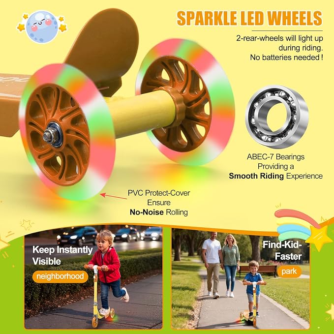 Kick Scooters for Kids 3-5 5-7 Years Age - Handlebars Flexible Steer,Height Adjustable,Stable Light Up Three Wheeled Toddler Scooter for Boy & Girl,Indoor Outdoor Kid Child Toy Gift