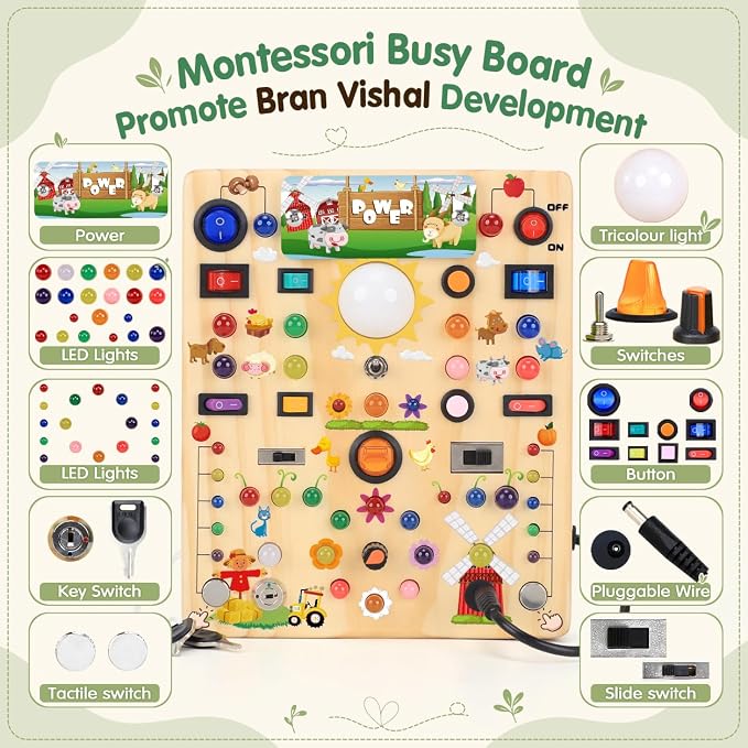 Busy Board with LED Light Switches, Montessori Toys for 1 2 3 Years Old, Toddlers Wooden Toy Sensory Activity Board, Travel Toys for 1+ Year Old Boy & Girl Birthday Gift (Farm 19 Switches)