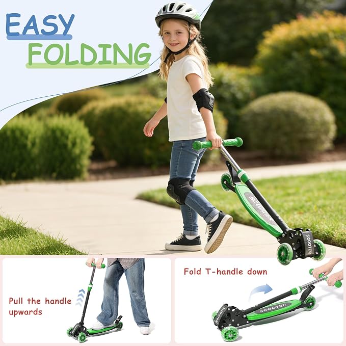 Toddler Scooter, 3 Wheels for Kids 2-7 Year Old LED Lighted, Folding Lean-to-Steer Kids Scooter with 3 Adjustable Handlebar for Boys Girls, Blue