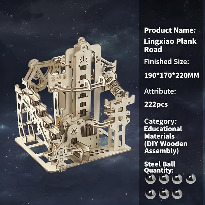 Adult 3D Wooden Marble Run Puzzle Kit, DIY Mechanical Model Construction Set, Educational STEM Puzzle Desktop Toy or Decorative Item for Teens Aged 14 and Up