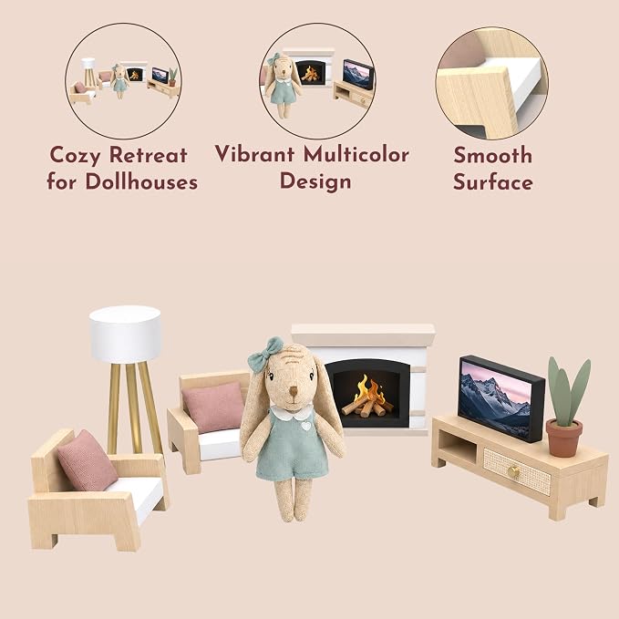 SPEEDY MONKEY Cozy Dollhouse Living Room Playset with Bunny – Miniature FSC Wooden Furniture Sofa, TV – Pretend Play Fully Furnished Farmhouse Accessories for Kid, Toddler, Girl – Doll House Decor Toy