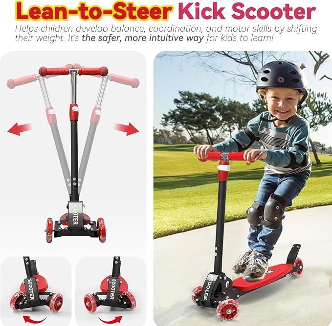Scooter for Kids Ages 3-5, LED Light Up 3 Wheel Toddler Scooter with 4 Adjustable Heights, Lean-to-Steer Wheels, Safe Metal Brake, Foldable Kick Scooter for Boys Girls, Support 120 lbs, Birthday Gift