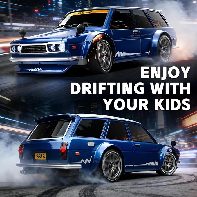 RC Drift Car, 1/24 Remote Control Drift Car for Adults Kids, 20KM/H 4WD Low/High Speed RC Cars with LED Lights, Extra Drifting Tires, Vehicle for Boys Girls Beginners Indoors Outdoors Blue
