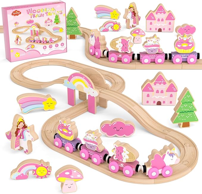 Wooden Train Set, Magnetic Pink Unicorn Toys Train Track for Toddler 3-6 | Princess Toddler Toys for 3 4 5 6 Year Old Girl Birthday Gifts