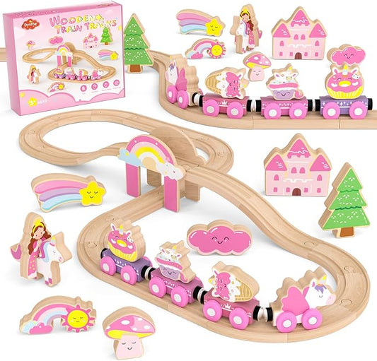 Wooden Train Set, Magnetic Pink Unicorn Toys Train Track for Toddler 3-6 | Princess Toddler Toys for 3 4 5 6 Year Old Girl Birthday Gifts