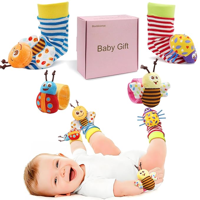 Bloobloomax Baby Wrist Rattle Socks and Foot Finder Set for 0-24 Month, Infant Girl Boy Toys Newborn Hand & Foot Toys for 0 to 24 Months, Baby Shower Gifts Set with Wrist Rattle Socks (Pink Gift Box)