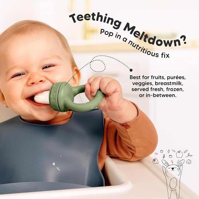 KeaBabies Baby Fruit Feeder 2pk - Silicone Baby Food Feeder for Babies 6-12 Months, Breast Milk Popsicle Teether, Weaning, Pacifier, Freeze Frozen Solid Food, Infant Feeding Essential (Soft Fern)