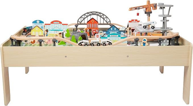 Amazon Basics 120 Piece Wooden Train Set with Activity Table, Sturdy Tracks, Storage Bin, Easy to Assemble, Kids Gift for Age 3Y+, 47.44 x 33.46 x 16.14 in