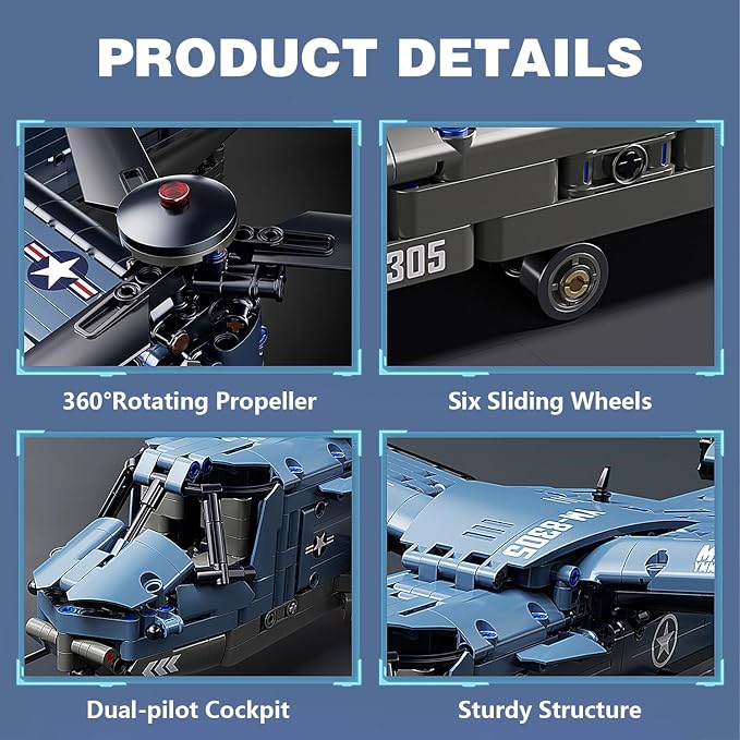 Chodia Military Helicopter Building Blocks Set,Fighter Jet Model Toys,V-22 Osprey Army Airplane Kits with Ratoting Propeller,STEM Christmas Xmas Birthday Gifts for Adult Boys Teens 8-14 14+(1486PCS)