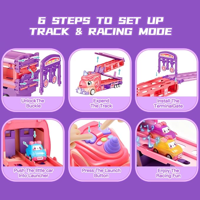 Unicorn Car Toys for Age 3 4 5 6 Year Old Toddler Girl, Foldable Track & 2 Player Race Mode Game, Light & Sound Push Transport Carrier Truck W/ 9 Princess Toy Cars, Birthday Gift for Girls Age 4-6