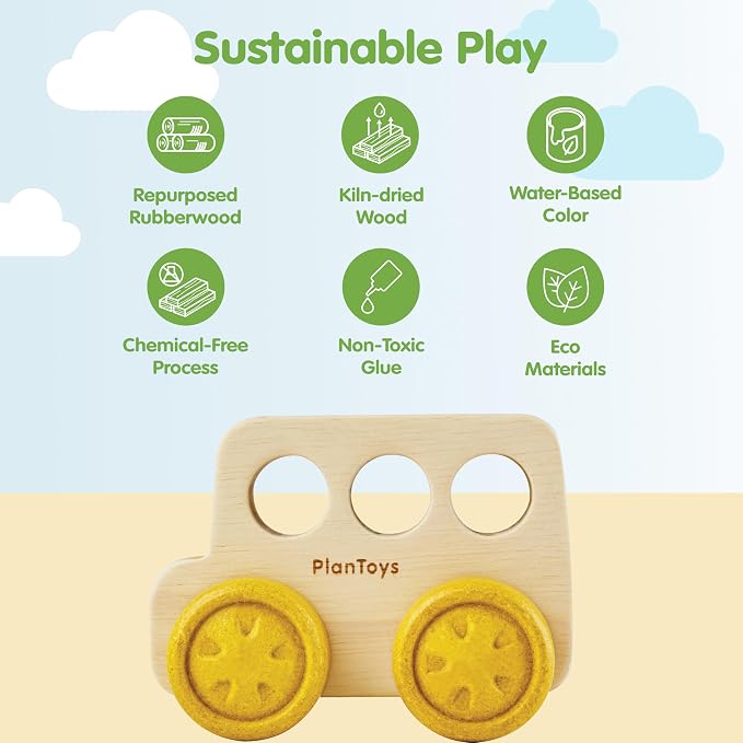 PlanToys® Wooden Timber Trail Bus | Montessori Push and Roll Toy for Fine Motor Skills, Coordination and Cause and Effect Learning | Eco Friendly Toy Vehicle for Imaginative and Active Play