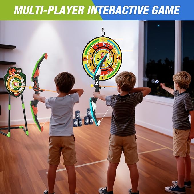 HYES 2 Pack Kids Bow and Arrow with 29" Large Dart Board, LED Light Up Archery Set with 24 Suction Cup Arrows, Indoor Outdoor Sport Toys Gifts for 3 4 5 6 7 8 9 10 11 12 Year Old Boys Girls
