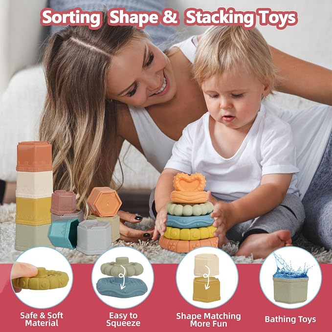 BYFWH Shape Sorter Toy for Toddler 1-3, Baby Stacking Toy with Nesting Cups, 5 in 1 Infant Learning Stackable Block for Sand & Bath Play, Birthday Gift for Girl Boy 9 Month