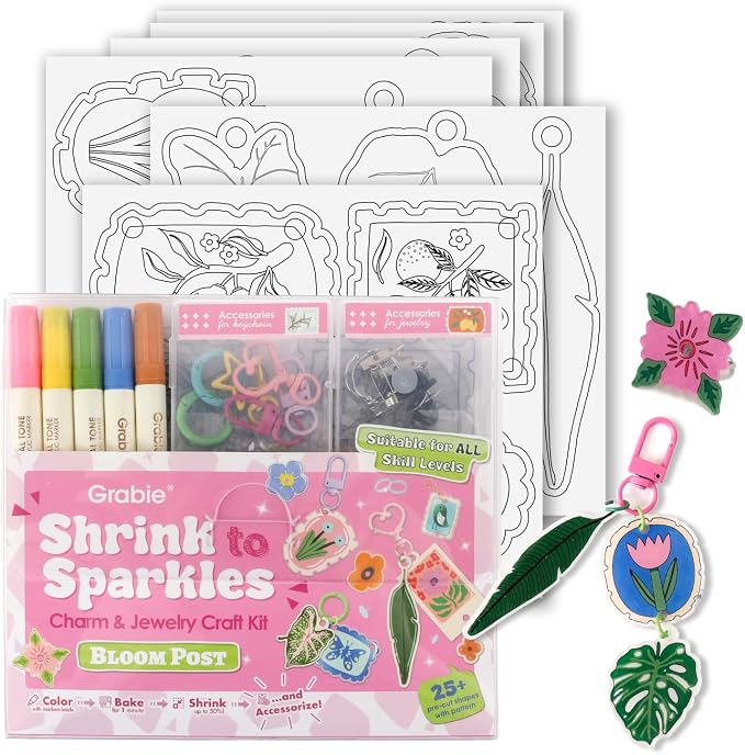 Grabie DIY Shrink Art Craft Kit Jewelry Making Kit for Kids Adults, 25+ Pre-Cut Shapes, 5 Dual-Tip Markers, Custom Charms, Pins, Rings, Keychains (Bloom Post - for Art Lovers)