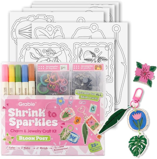 Grabie DIY Shrink Art Craft Kit Jewelry Making Kit for Kids Adults, 25+ Pre-Cut Shapes, 5 Dual-Tip Markers, Custom Charms, Pins, Rings, Keychains (Bloom Post - for Art Lovers)