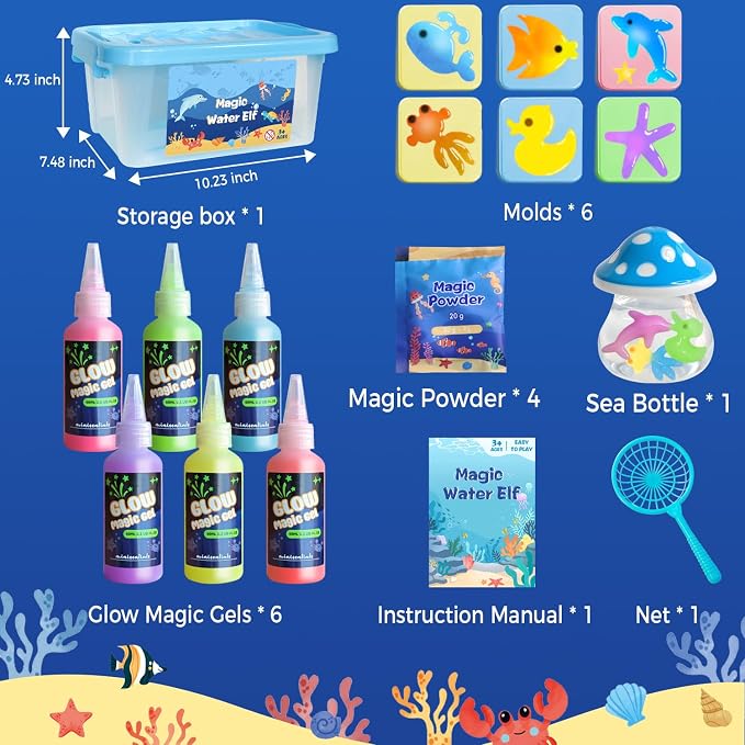 MINISENTIALS Magic Water Elf Toy Kit - Glow in The Dark Aqua Gel 6 Colors with 6 Molds - Magic Squishy Maker Water Fairies Birthday Party Favors DIY STEM Toy for 3-8 Years Old Kids