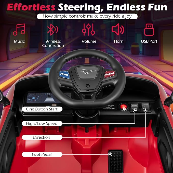 Costzon Ride on Car, 12V Licensed Ford Mach E Kids Electric Vehicle with Parent Control, LED Lights, Horn, Music, Wireless Connection & Spring Suspension, Kids Car Toy for Girls Boys (Red)