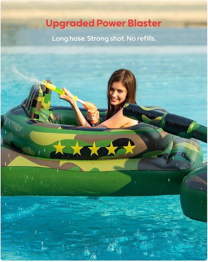 QPAU Inflatable Tank Pool Float for Adults & Kids – Ride-On Camouflage Floaty with Water Cannon, Swim Raft Toy for Boys Girls, Lake Beach Backyard Party Floaties
