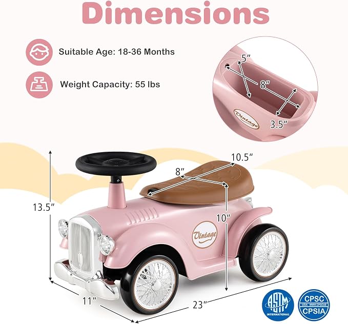 Costzon Ride On Push Car for Toddlers, Classic Kids Foot-to-Floor Sliding Car With Steering Wheel, Horn & Under Seat Storage, Ride On Toy for Boys Girls 18-36 Months (Pink)