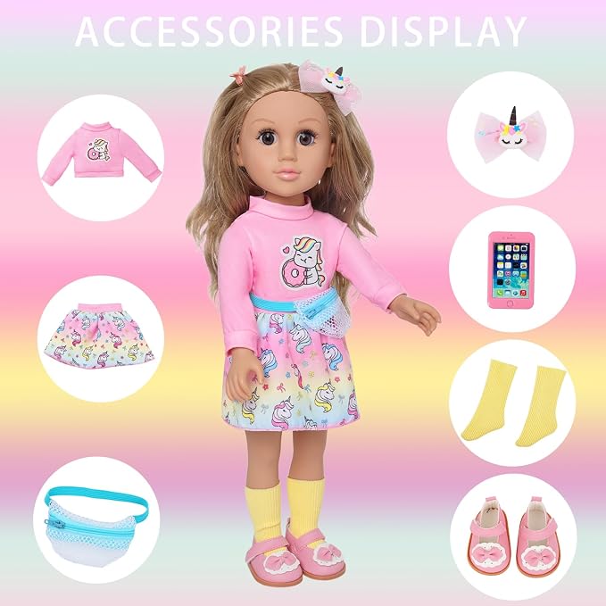 Ecore Fun 18 Inch Girl Doll with Clothes Accessories, Fashion Doll with Styling Brown Hair, Unicorn Hair Clip, Phone, Bag, Outfit & Shoes, Gift Ready for Birthday & Pretend Play