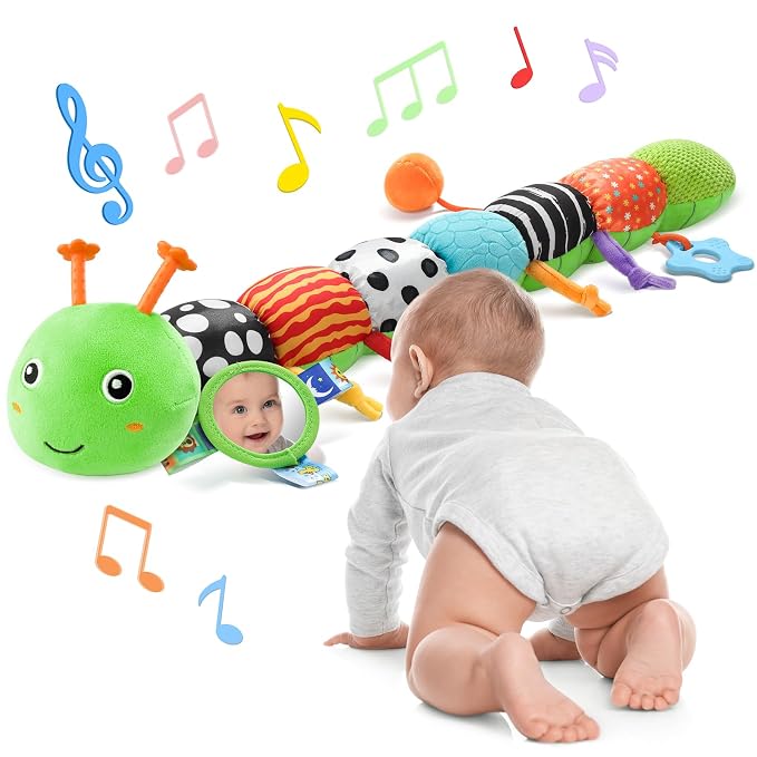 AWOTOY Baby Sensory Toys Music Caterpillar Plush Infant Toys 0 6 12 Months | Stuffed Animals Tummy Time Teething Toys with Mirror Pull String Rattle Baby Toys for Newborn Boy Girl Shower Birthday Gifts