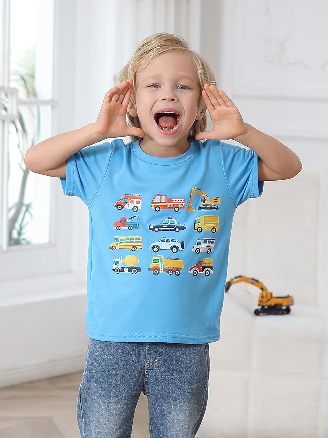 Lovekider Cotton Shirt for 3-6T Boys Truck Dinosaur Toddler Kids T-Shirt Short Sleeve Excavator Construction T-Rex Tee Shirts