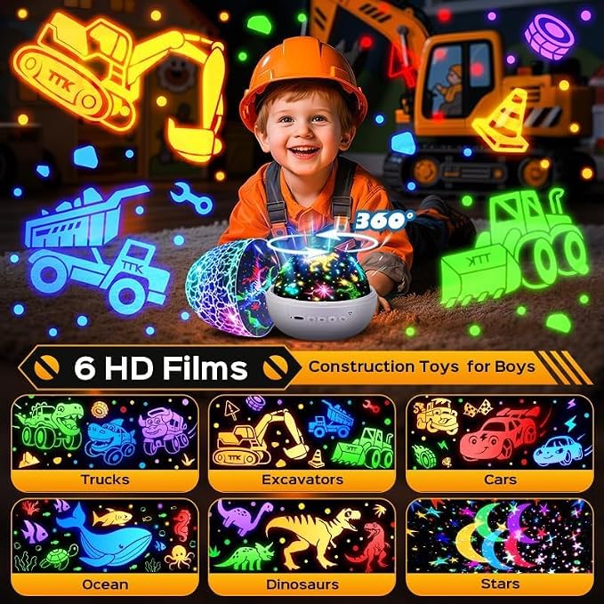 PIKOY Excavator Toys Night Light Projector【15 Sounds & 6 Films】Kids Construction Toys Truck Night Lights [31 Colors & Remote] Dinosaur Egg Light for Nursery Boys Kids Toddler Birthday Gifts 1-10 Years